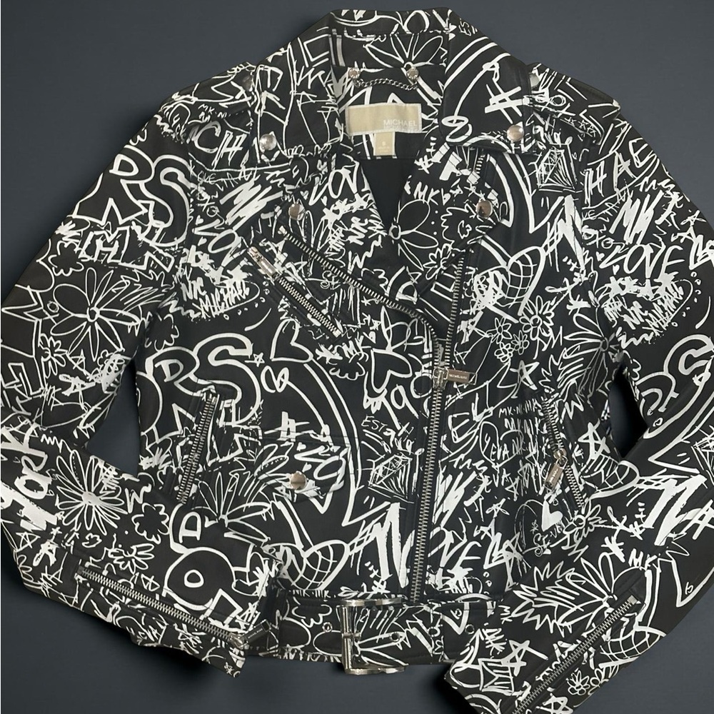 Michael Kors Graffiti Leather Black and White  Leather Moto Jacket SZ Small - Picture 3 of 10
